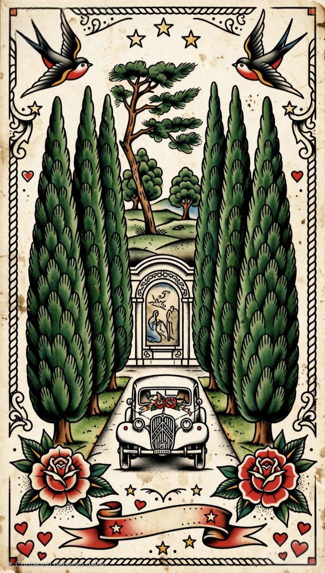 Illustrazione in stile tattoo: la Traction Avant nel viale di cipressi